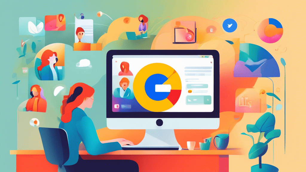 A step-by-step serene graphical illustration of a user changing their Google profile picture on a laptop, with vibrant icons representing each step, set in a modern workspace environment.