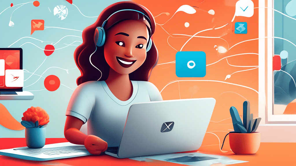 Create an illustration showing a person happily using their laptop and smartphone to access their Xfinity account. The scene should include a clear Xfinity logo, a user-friendly login screen, and elem