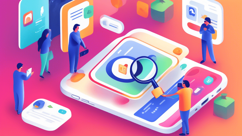 Create an illustration of an iPhone screen displaying a confused user tapping on their Facebook app, searching for the missing Marketplace icon, with a magnifying glass hovering over the spot where th