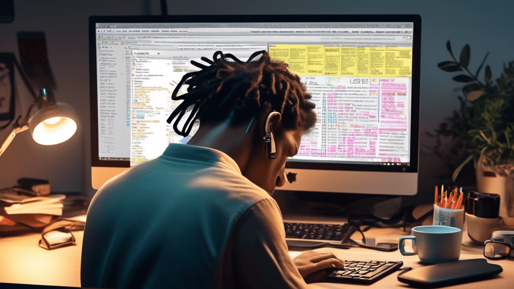 Create an image of a person at a computer desk, looking stressed while trying to fix a sync error on their laptop. The screen displays an error message with the code '0x80004005' in bold. The backgrou