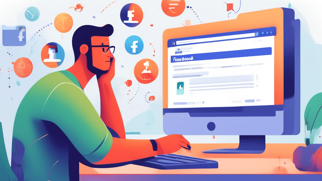 An illustration depicting a user troubleshooting a Facebook access token validation error on their computer. The screen displays an alert with the error message, while the user consults a guidebook or