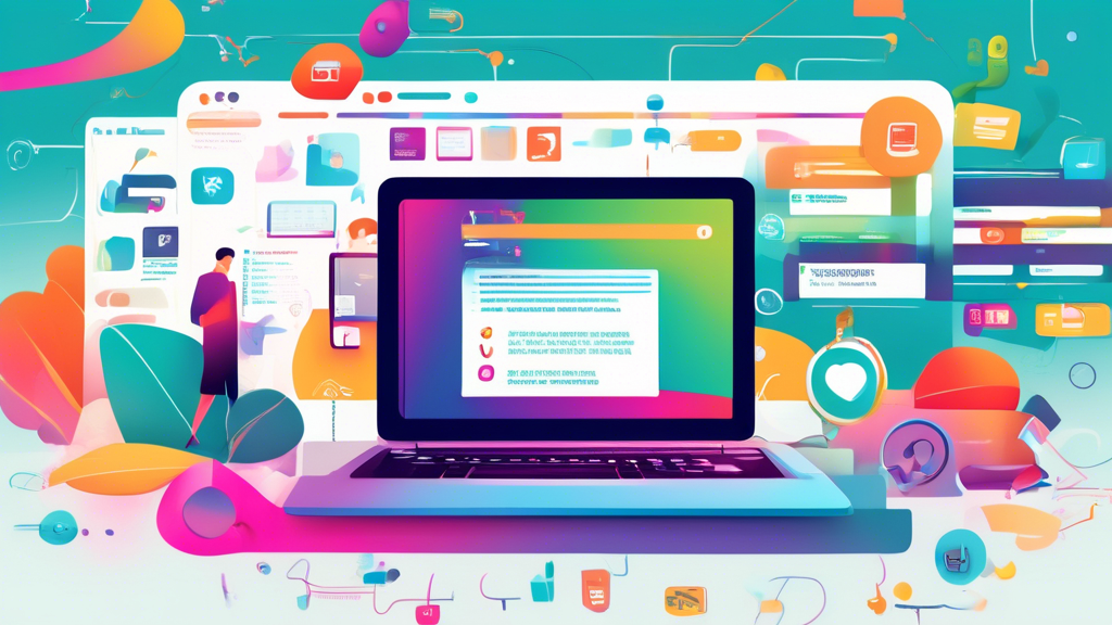 An informative and visually engaging illustration featuring a laptop screen displaying a link-shortening website, step-by-step instructions on a side panel, and a mouse cursor hovering over the 'Short