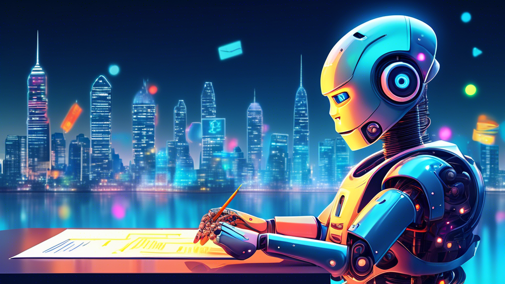 A robot signing a digital document with a glowing signature, floating above a city skyline filled with interconnected application icons.