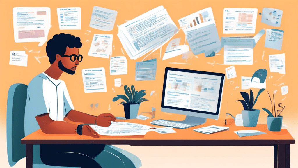 Create an image showing a split-view illustration. On one side, depict a person looking overwhelmed with stacks of papers and a cluttered desk labeled Without Funnel Scripts. On the other side, show t