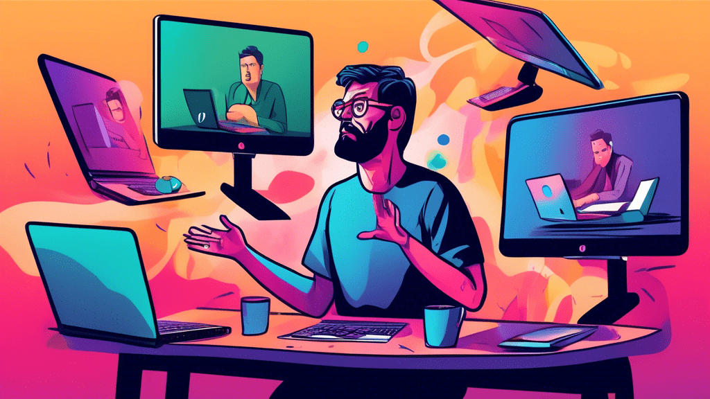 A stressed-out person juggling multiple laptops, each with a different Zoom meeting on the screen