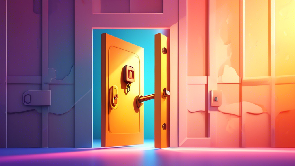A friendly cartoon key unlocking a padlock-shaped door with Kartra embossed on it. Light beams emanate from the open doorway.