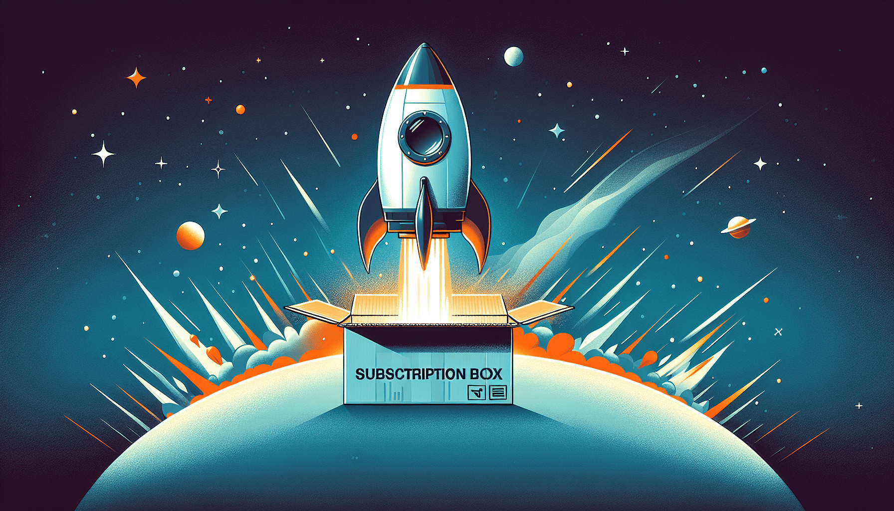 A rocket ship launching into space with a cardboard box strapped to its side, the box labeled Subscription Box