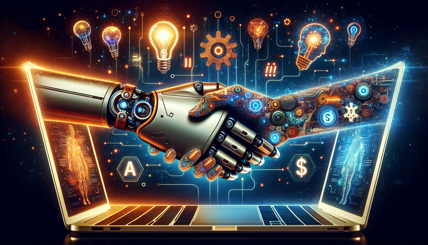 A robot hand shaking a human hand in front of a glowing laptop with the words AI and HighLevel on the screen, surrounded by floating icons of lightbulbs, gears, and dollar signs.