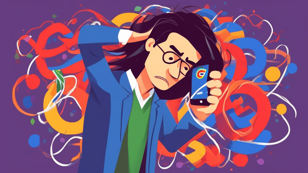 A frustrated business owner holding a phone with the Google Business Profile logo, pulling their hair with a tangled Gmail logo in the background.