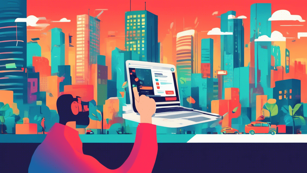 A hand controlling a Google Business Profile on a laptop screen, with a giant crossed-out phone floating above, set against a backdrop of bustling city streets.
