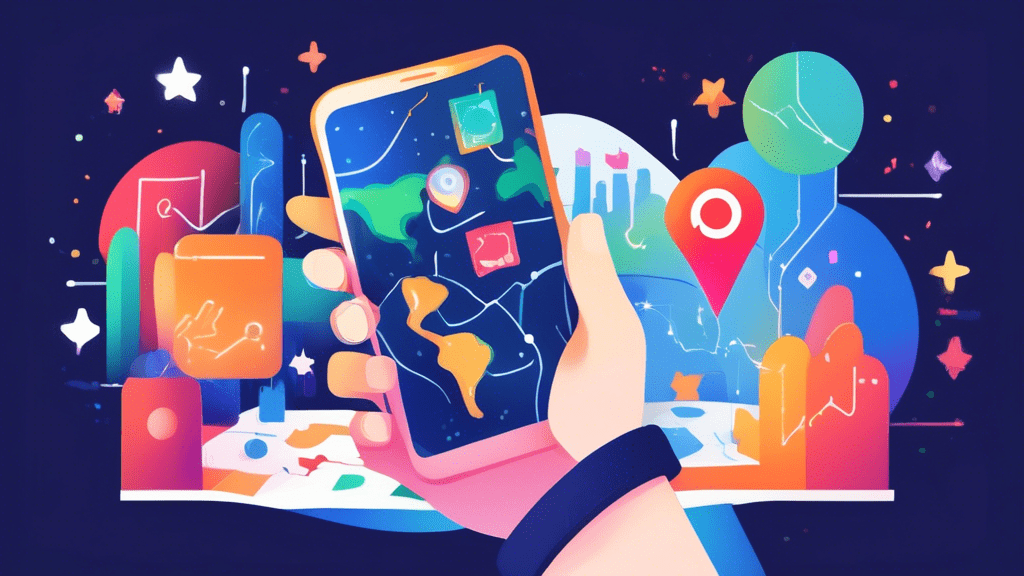 A hand holding a smartphone with a glowing Google Business profile hovering above it, surrounded by tools like a map, location pin, and review stars.