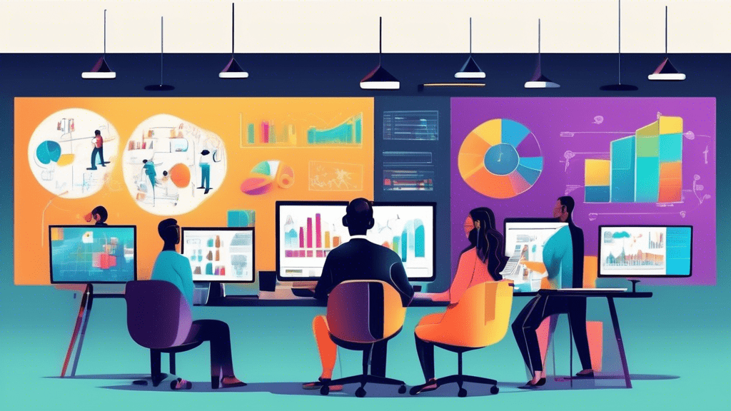 Create an image depicting a modern office environment where a diverse group of professionals are engaged in analyzing data and brainstorming. Include elements such as large digital screens displaying