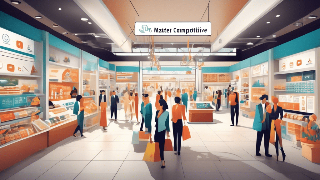 Create a visual representation of 'Mastering Competitive Market Positioning' that showcases a dynamic business landscape. Illustrate a bustling marketplace with various companies represented by unique