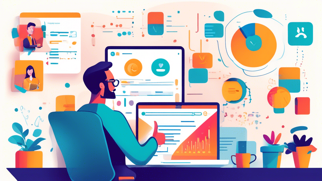 Create an illustration for Mastering GatherUp: A Comprehensive Guide for Businesses depicting a business professional confidently using GatherUp on a laptop. Surround the person with icons representin