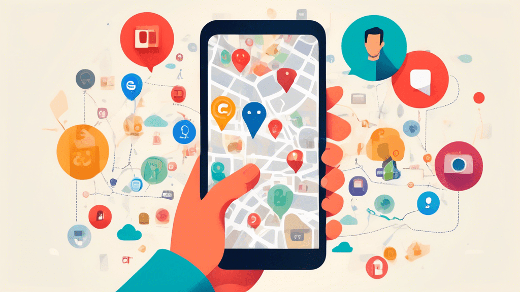 A hand holding a smartphone with a Google Business Profile post overlayed on a map, surrounded by icons representing likes, comments, shares, and location pins.