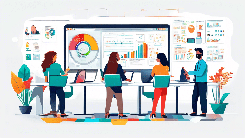 Create a highly detailed and vibrant illustration of a professional, modern office setting where a group of diverse individuals are collaborating around a large, interactive screen or digital whiteboa