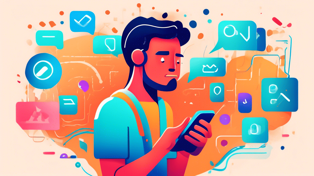 Create a detailed illustration of a frustrated person holding a smartphone displaying a 'message blocking active' error. Surround the person with solutions like checkmarks, suggestion notes, and icons