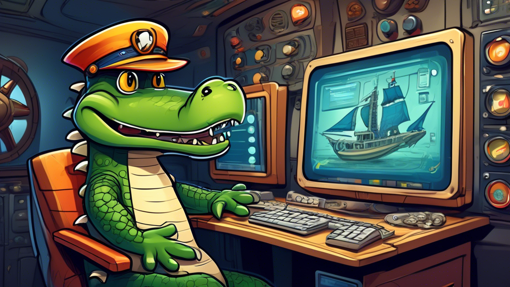 A friendly cartoon alligator wearing a captain's hat and using a computer mouse to navigate a complex control panel shaped like a ship's wheel, with icons of website tools and settings.
