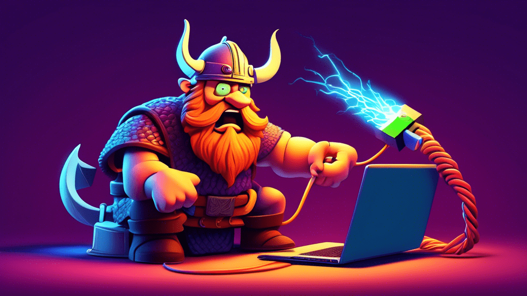 A frustrated cartoon viking trying to plug a giant, glowing ethernet cable into a laptop that's displaying a Verification Failed error message.