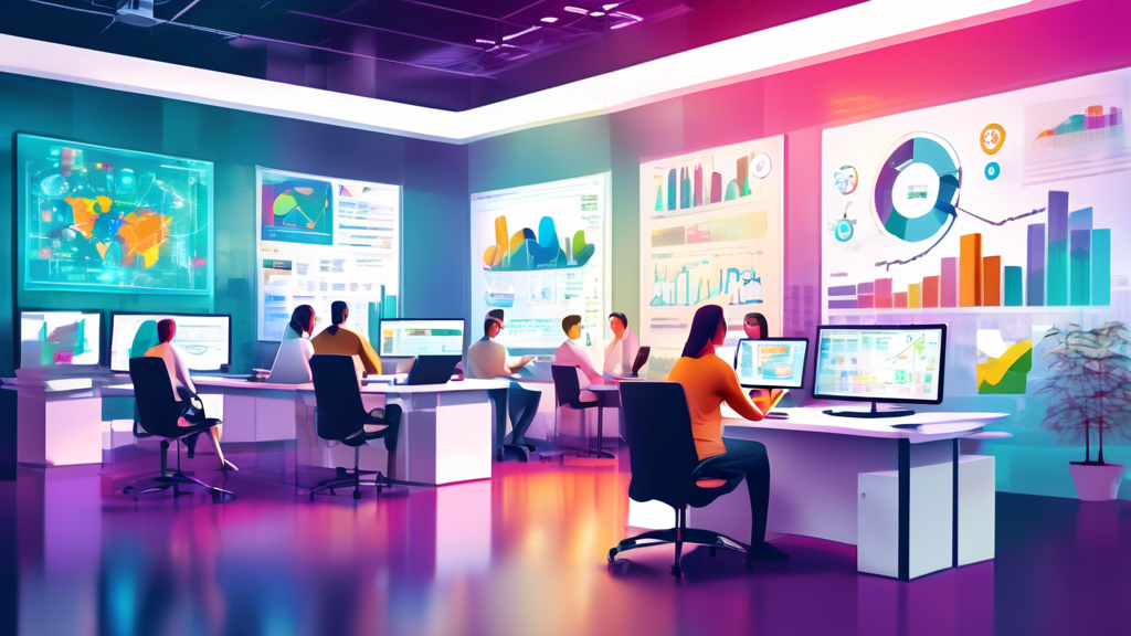 Create an image of a modern office environment where business professionals are utilizing digital tools like tablets and laptops to streamline processes. There is a large digital screen displaying flo