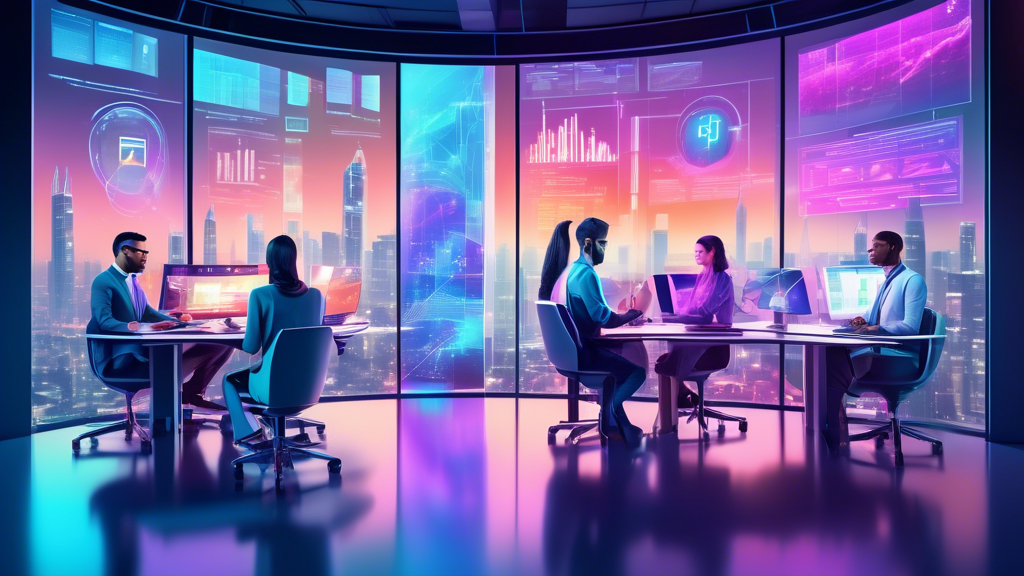 Create an image of a futuristic marketing team using advanced split testing automation software. The scene shows diverse team members analyzing data on sleek, holographic screens, with algorithms runn