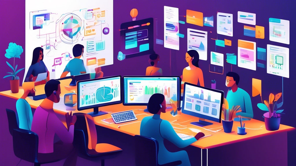 A modern office setting with diverse employees working collaboratively on their laptops and desktops. On their screens, display vibrant, clear Slack interfaces with automated workflows streamlining ta