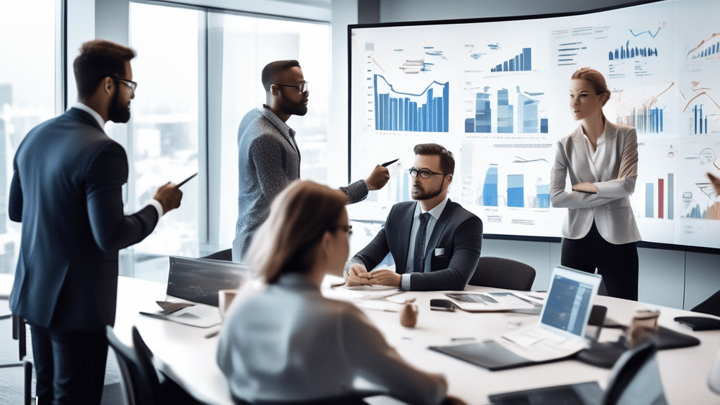 An office setting with a team of professionals analyzing charts and graphs on a large conference room screen. The graphs show various pricing strategies, breaking down data on customer response, profi