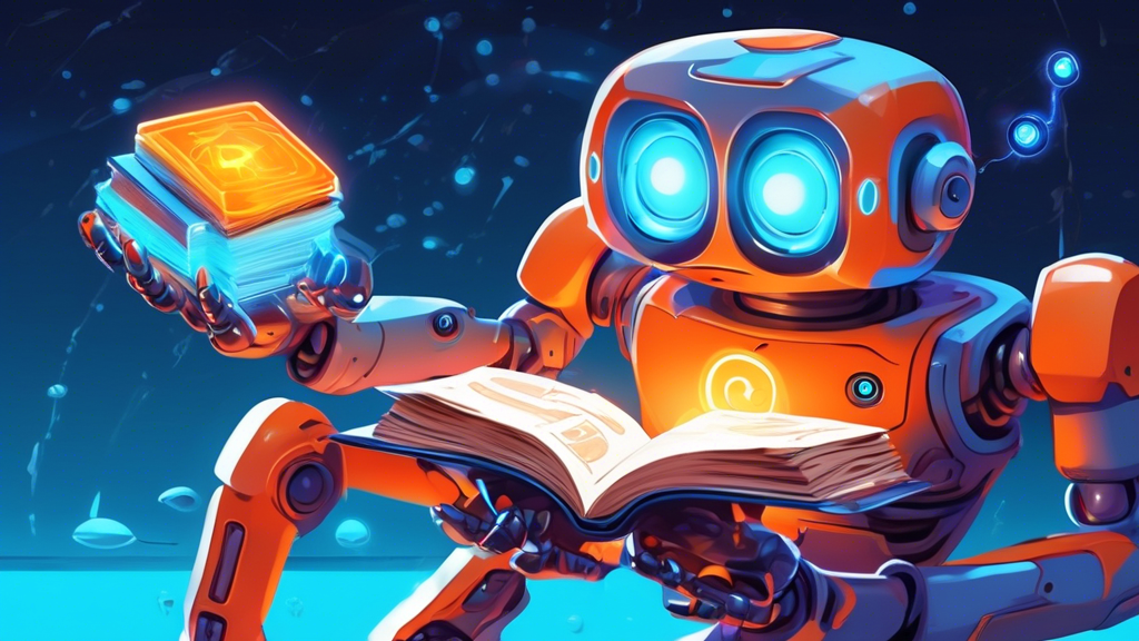 A friendly robot holding a portal gun with a guide book titled Portal Game Guide floating in front of a glowing orange and blue portal.