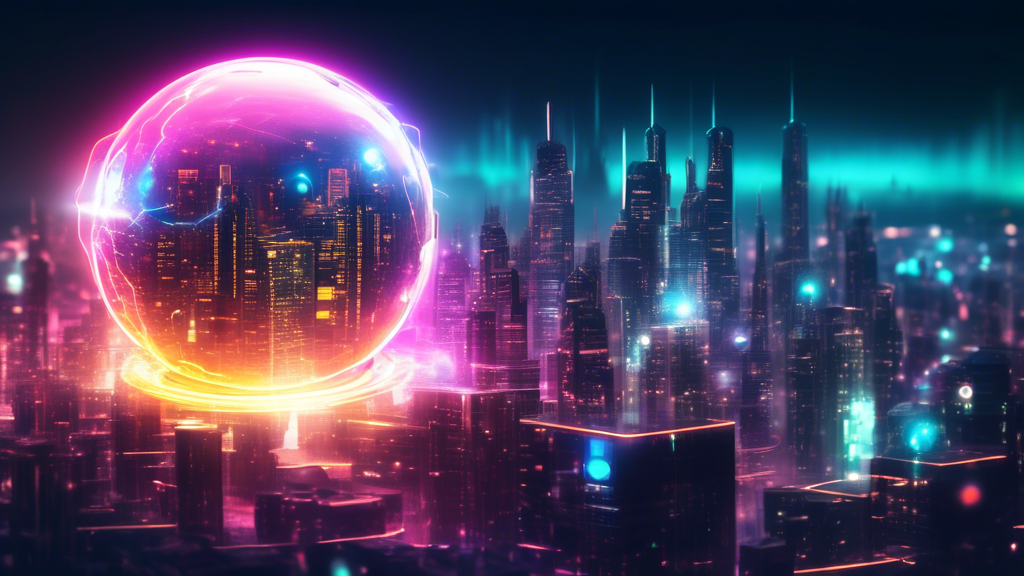 A glowing orb emitting bolts of energy, charging a futuristic city skyline.