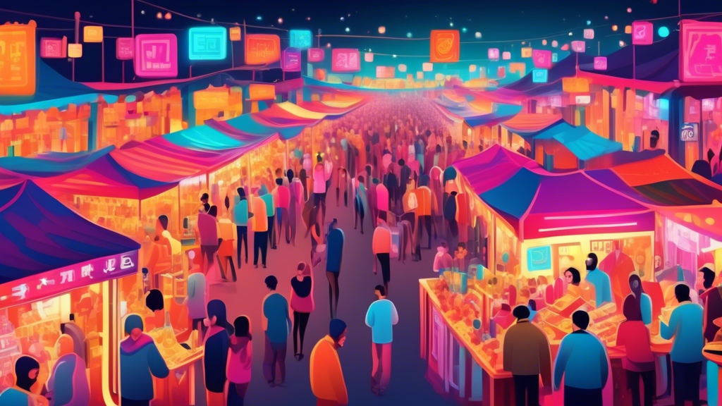 A crowded marketplace with stalls selling glowing IP addresses represented as physical objects.
