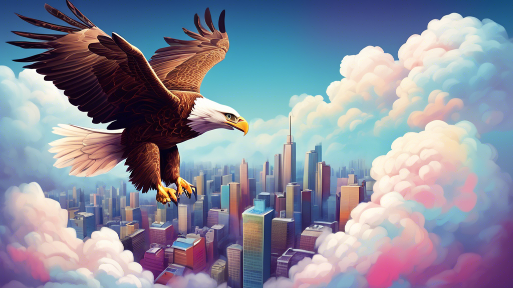 A majestic eagle soaring above fluffy clouds with a city skyline far below.