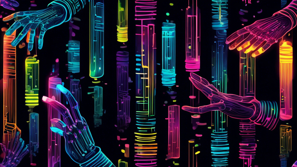 A robotic hand meticulously rearranging glowing, colorful columns of data in a dark space.