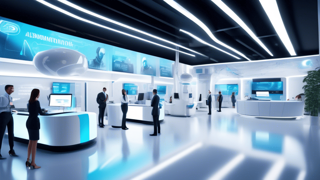 Create an image of a modern customer service center with sleek, futuristic aesthetics. Show advanced AI-powered robots engaging with customers, utilizing holographic screens and voice recognition tech