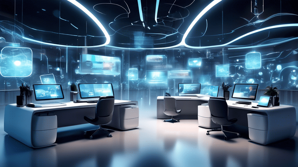 Create an image of a futuristic office space where various high-tech devices seamlessly connect and interact, forming a cohesive and efficient ecosystem. Include elements like smart home devices, comp