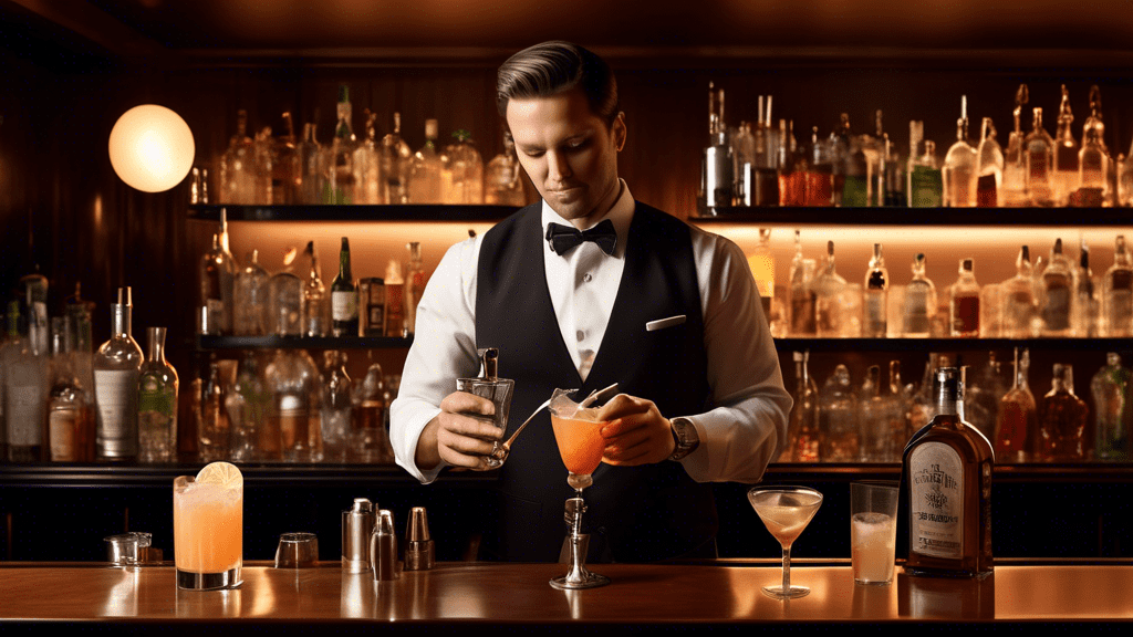 Create an image showcasing a sophisticated bar scene with a bartender in the center, holding a cocktail shaker in one hand and a stirring spoon in the other. On a polished bar counter, display two ele
