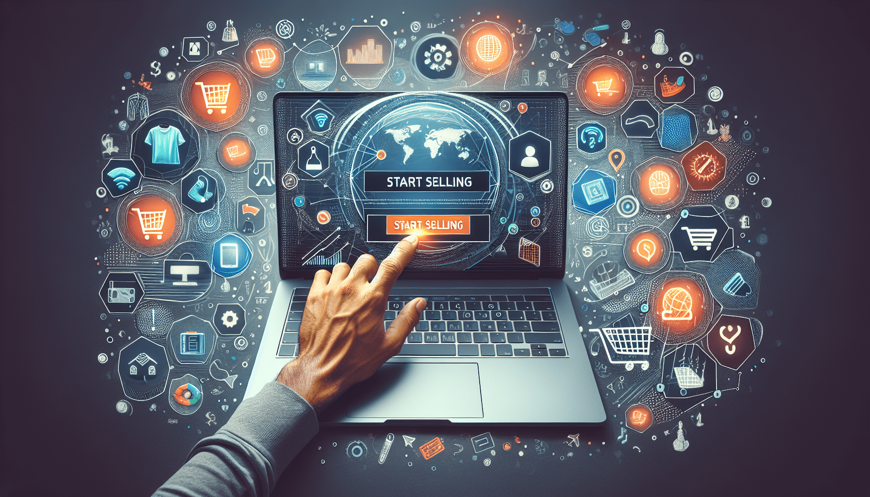 A beginner's hand reaching out to a laptop screen displaying the Printful website with a Start Selling button, surrounded by floating icons of integrations, shopping carts, and clothing designs.