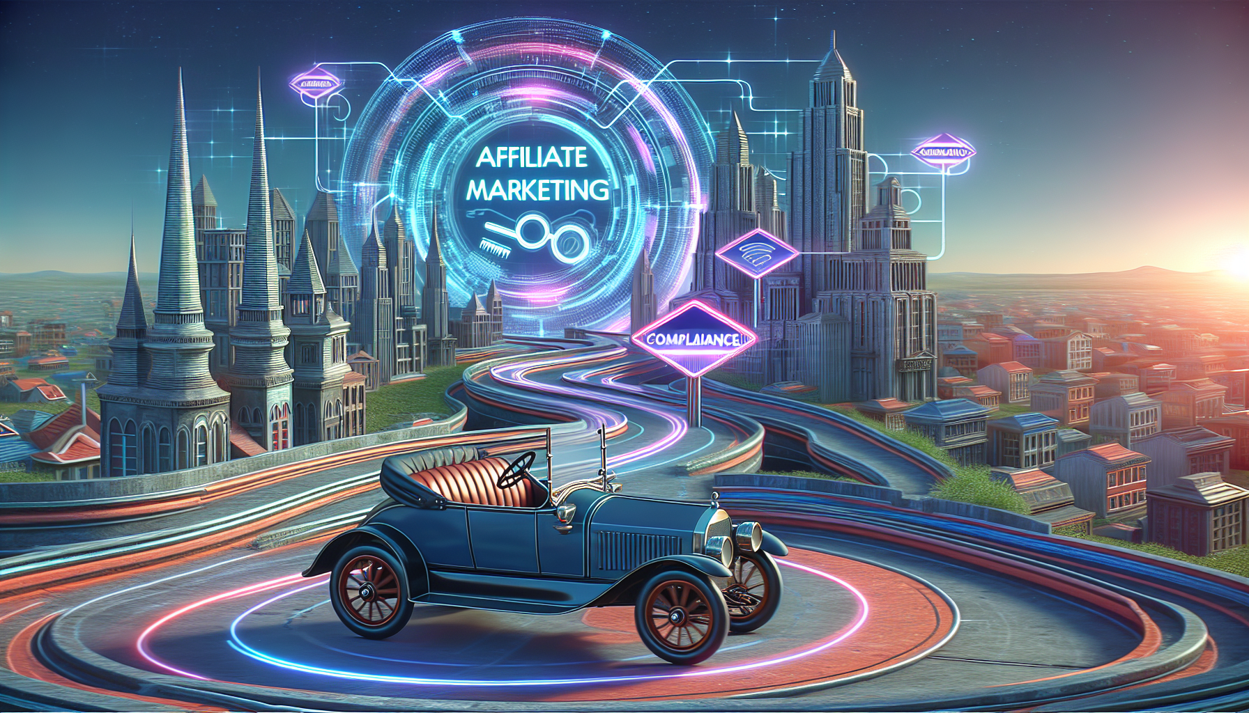 A vintage car driving on a winding road through a futuristic cityscape with holographic road signs that read Affiliate Marketing and Compliance.