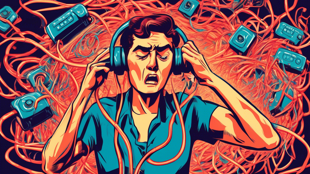A vintage rotary phone ringing endlessly, covered in tangled cords labeled Spam, with a frustrated person holding their head in the background.
