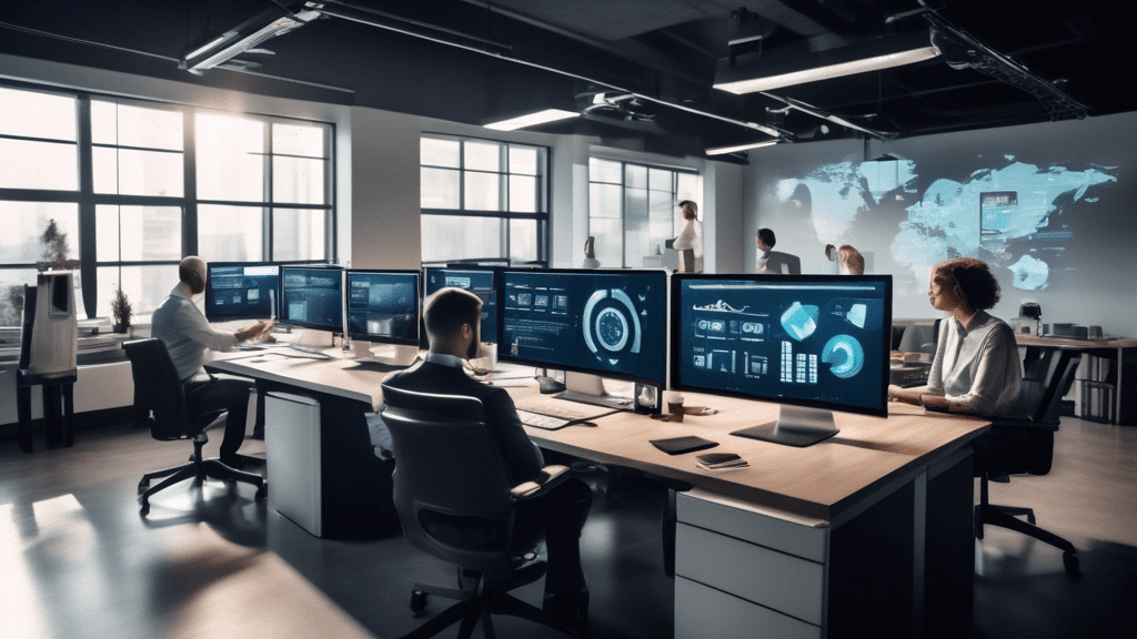 Create an image of a modern office with a team of salespeople working efficiently at their computers. Feature a large digital screen displaying a lead management dashboard, showcasing automated task a