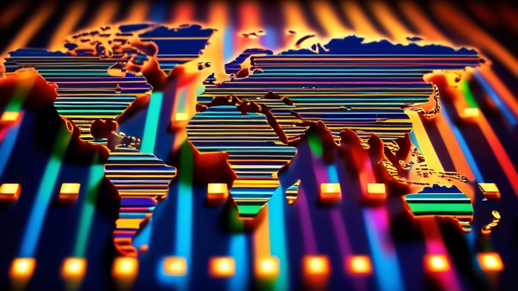 A world map covered in the colorful stripes of a credit card, with glowing dots indicating supported countries.