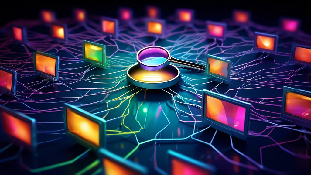 A magnifying glass hovering over a network of interconnected computers, revealing a hidden subdomain with a glowing light.
