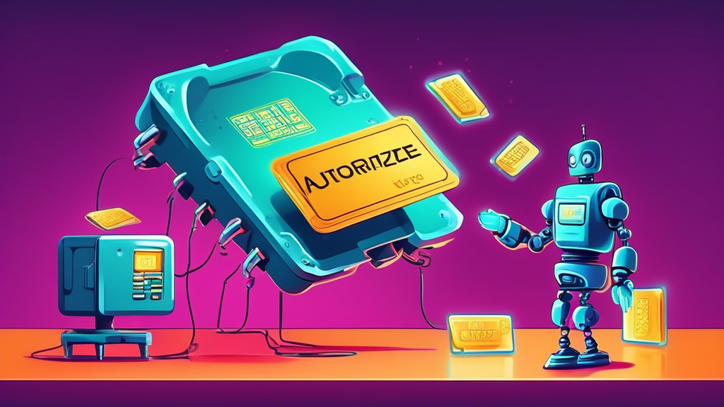 A robot hand holding a credit card plugging into a giant computer chip with the words Authorize.net glowing on it. Worried cartoon humans watch in the background.