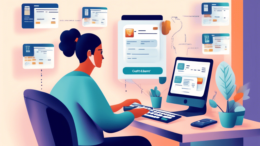Illustration of a person sitting at a computer, testing various credit card transactions on an Authorize.net interface. The screen shows a variety of test credit card numbers and approval statuses. Ba