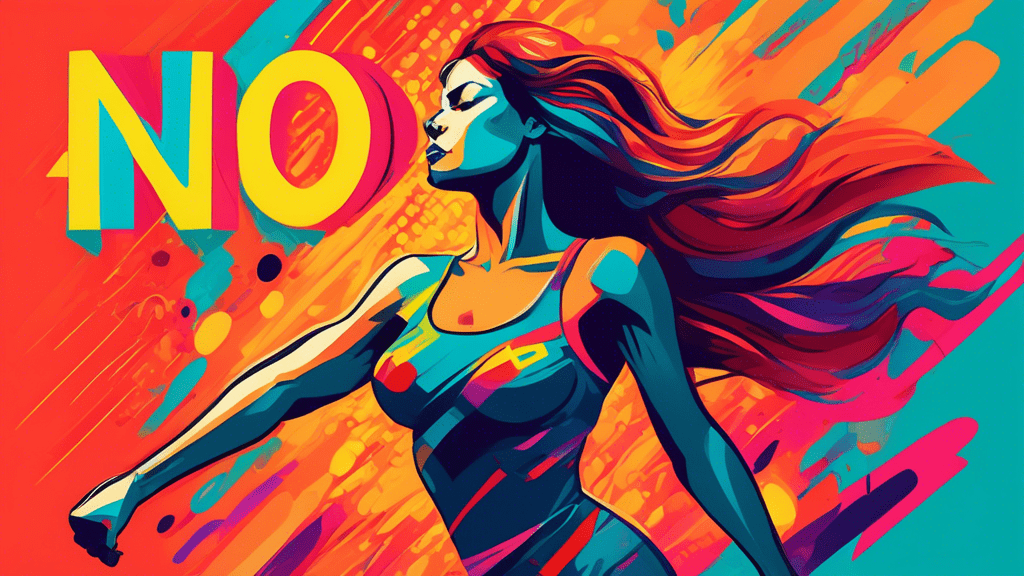 A woman in a powerful pose, with the word NO radiating behind her like a superpower.