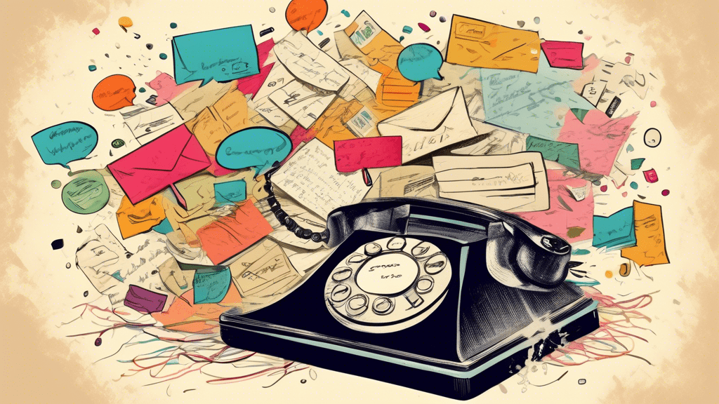 A vintage postcard with a makeover montage, showing a messy pile of handwritten letters transforming into a sleek, modern smartphone with chat bubbles.