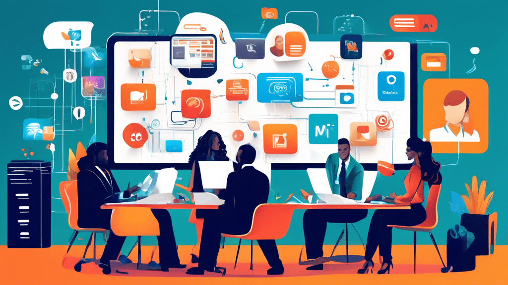 Create an image depicting a business setting with a diverse group of professionals exploring various communication tools. Illustrate alternatives to Twilio such as a screen displaying logos of competi