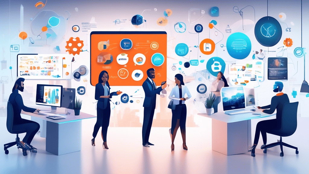 Create an image featuring a modern, futuristic office setting where business professionals are collaborating on various tasks. In the center, showcase a sleek digital board displaying logos and icons