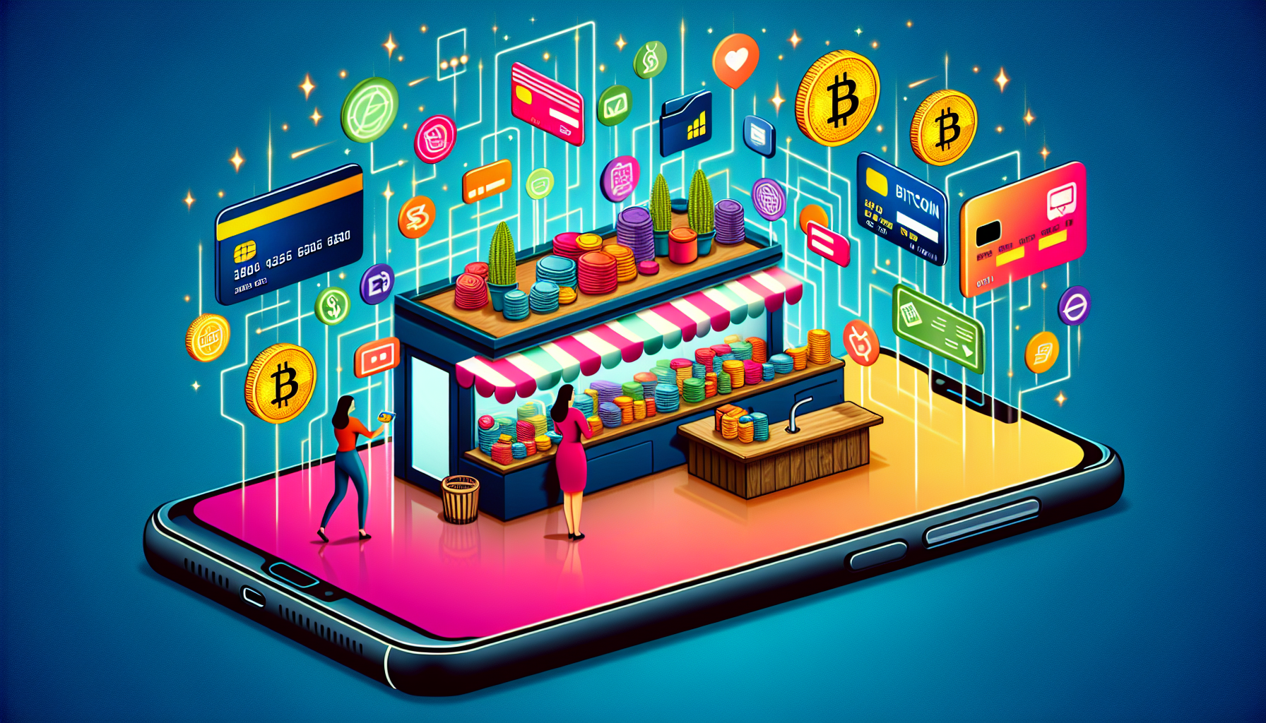A smartphone with a small shop growing out of the screen, accepting various colorful digital payment icons, with a cheerful shopkeeper behind the counter.