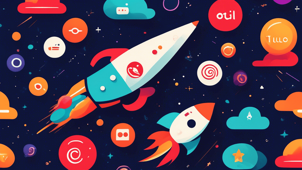 A rocket launching past a fading Twilio logo with other communication icons like phones and chat bubbles heading towards different planets.