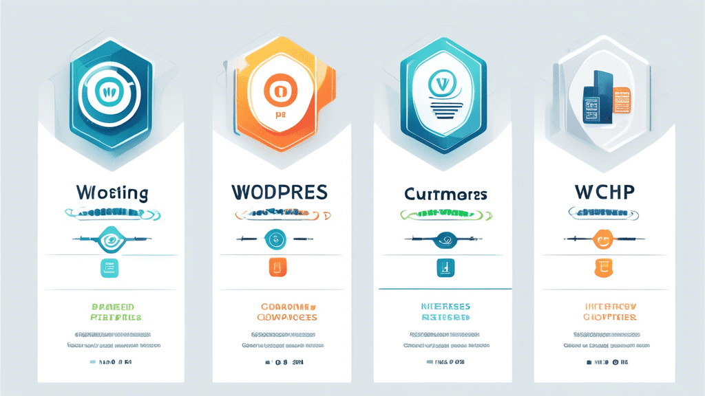 An illustrative comparison of top WordPress hosting options, featuring a modern graphic with interconnected elements representing different hosting companies, performance metrics, price tags, and cust